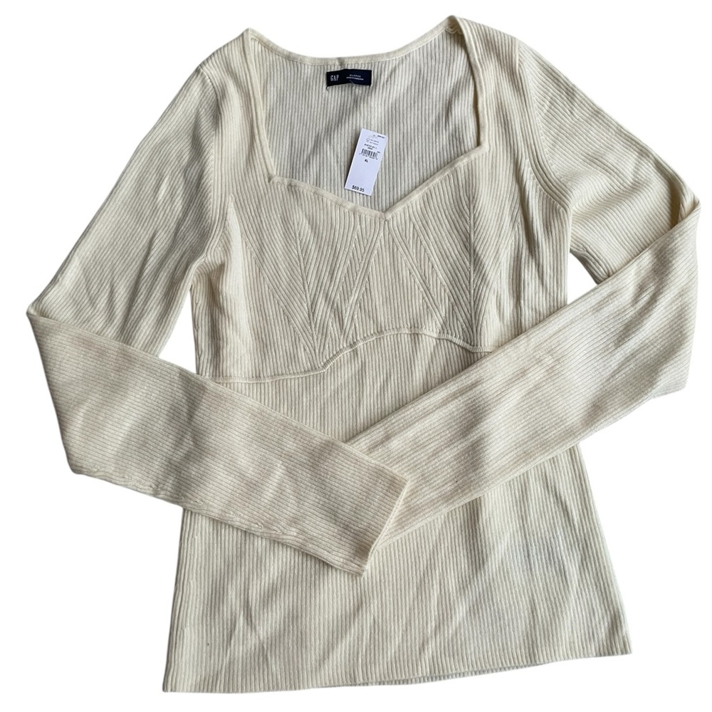 GAP Cream Long Sleeve Ribbed Top Fitted Size XL